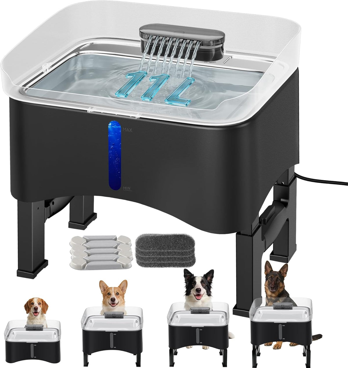 UPSKY 11L Elevated No-Spill Dog Water Fountain, 4 Heights Adjustable, 304 Stainless Steel Tray with Anti-Clog Pump & 4 Filters for Senior Dogs, All Dog Sizes & Multi-Pet Home,Black