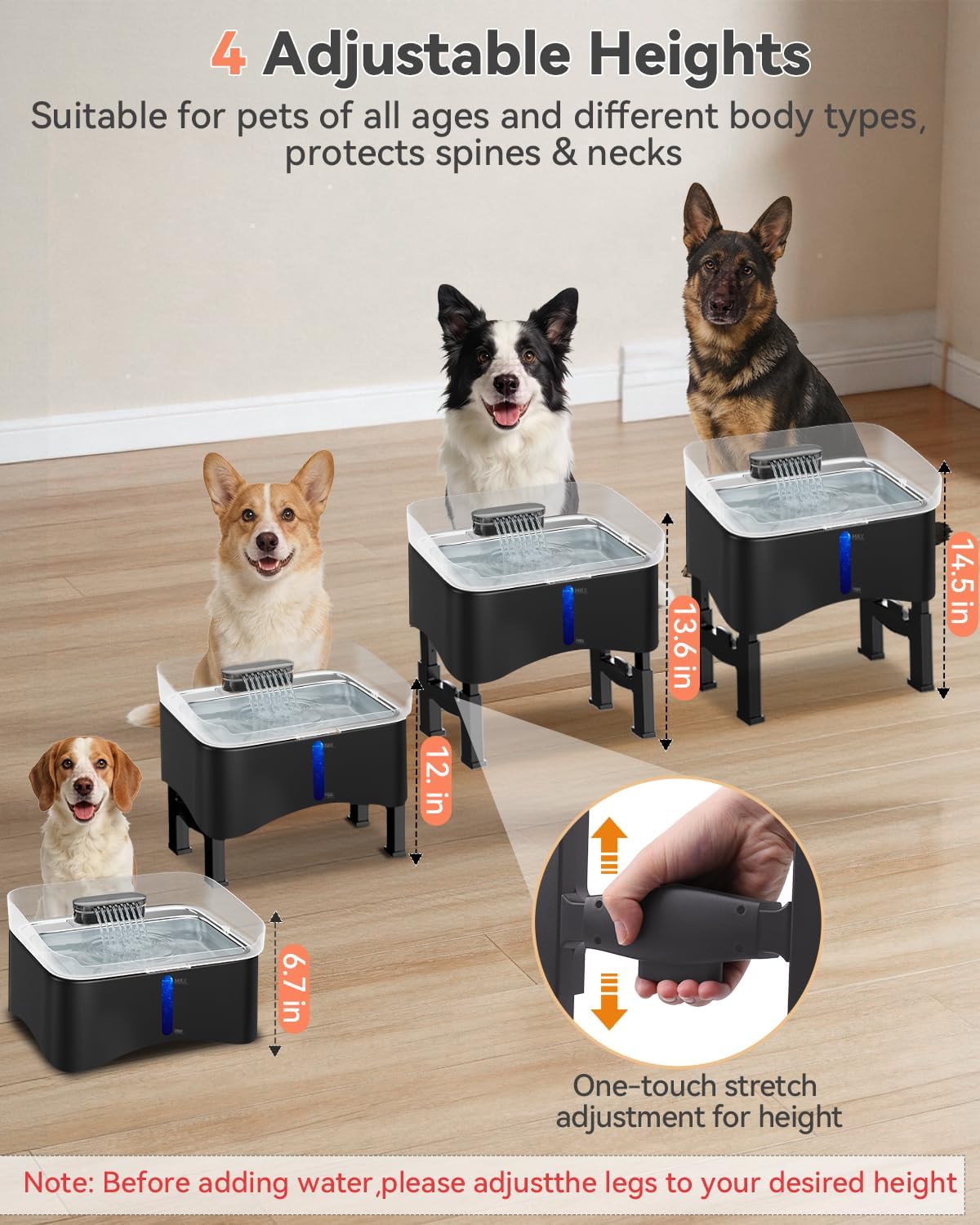 UPSKY 11L Elevated No-Spill Dog Water Fountain, 4 Heights Adjustable, 304 Stainless Steel Tray with Anti-Clog Pump & 4 Filters for Senior Dogs, All Dog Sizes & Multi-Pet Home,Black