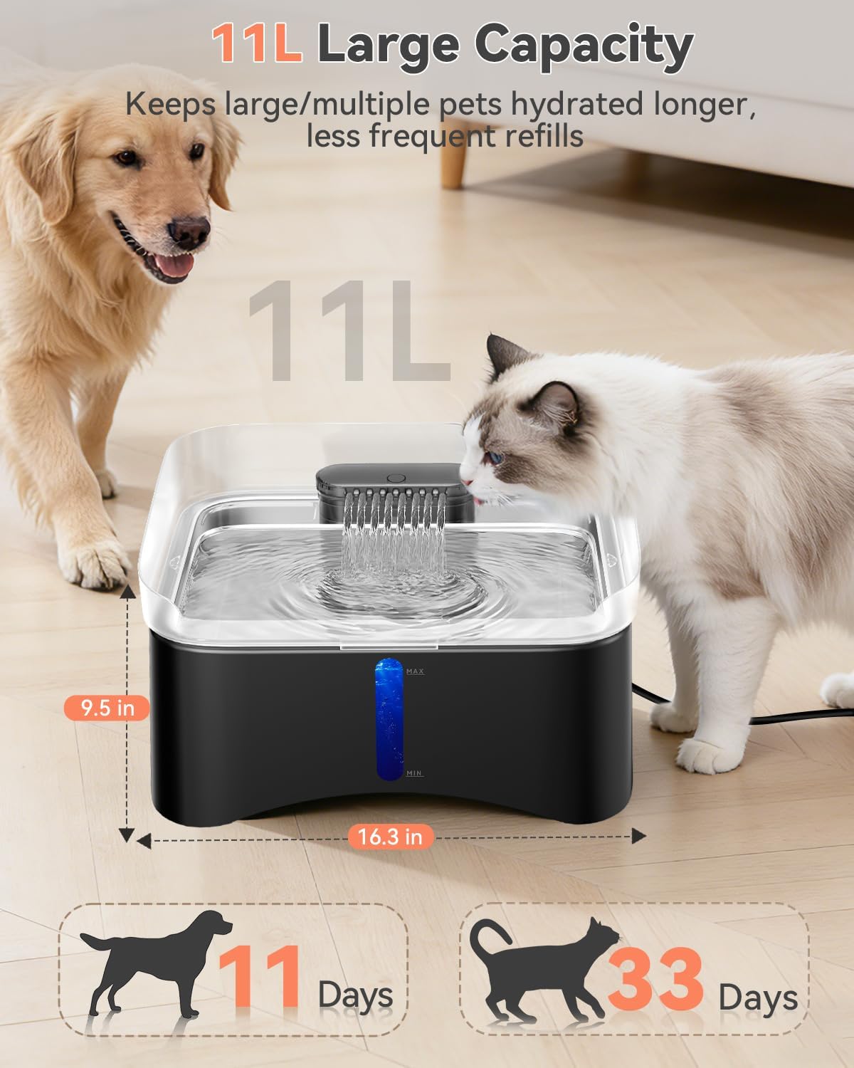 UPSKY 11L Elevated No-Spill Dog Water Fountain, 4 Heights Adjustable, 304 Stainless Steel Tray with Anti-Clog Pump & 4 Filters for Senior Dogs, All Dog Sizes & Multi-Pet Home,Black