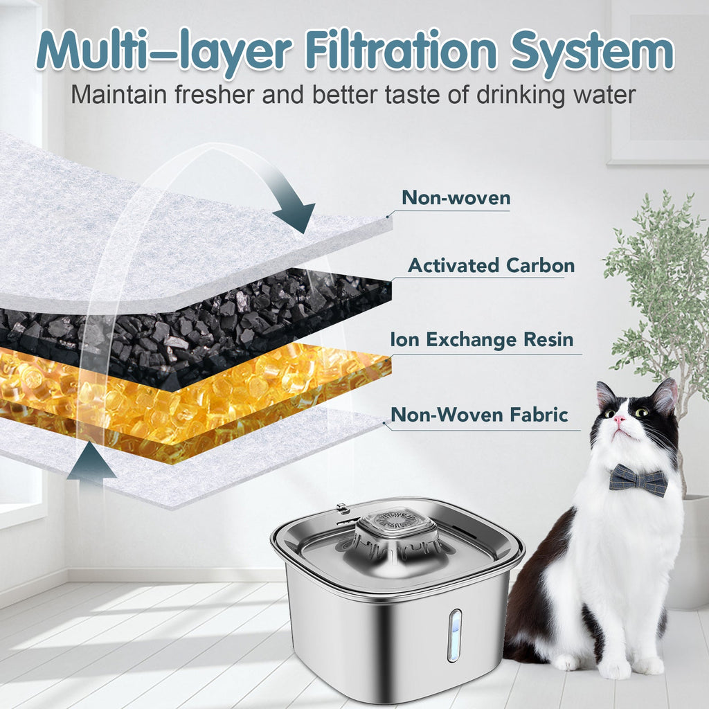 UPSKY Cat Fountain Stainless Steel 100 oz/3 L Cat Fountain Suitable for Drinking Pet Fountain Suitable for Cats Indoor Metal Automatic Dog Water Dispenser Cat Feeding with Water Level Window