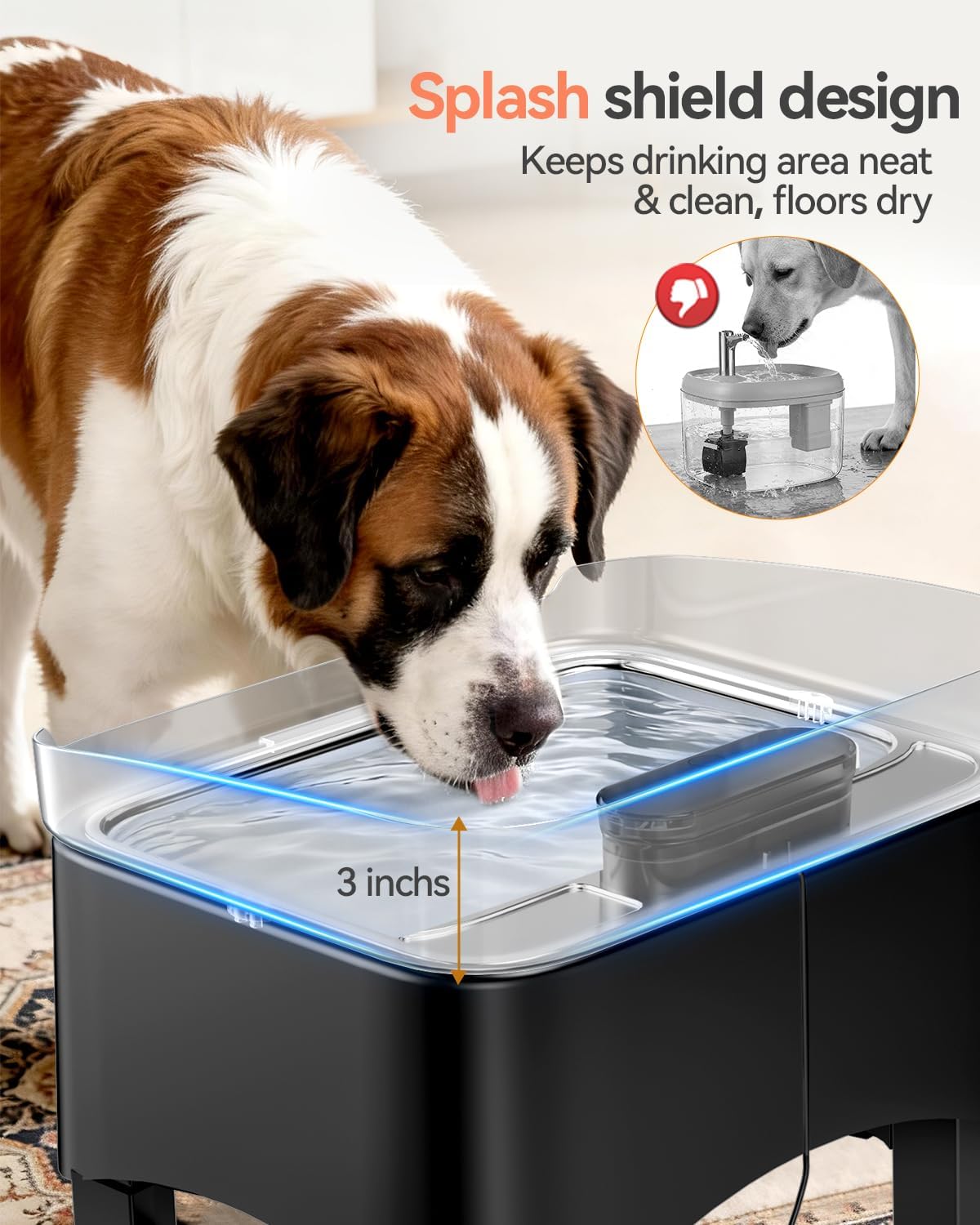 UPSKY 11L Elevated No-Spill Dog Water Fountain, 4 Heights Adjustable, 304 Stainless Steel Tray with Anti-Clog Pump & 4 Filters for Senior Dogs, All Dog Sizes & Multi-Pet Home,Black