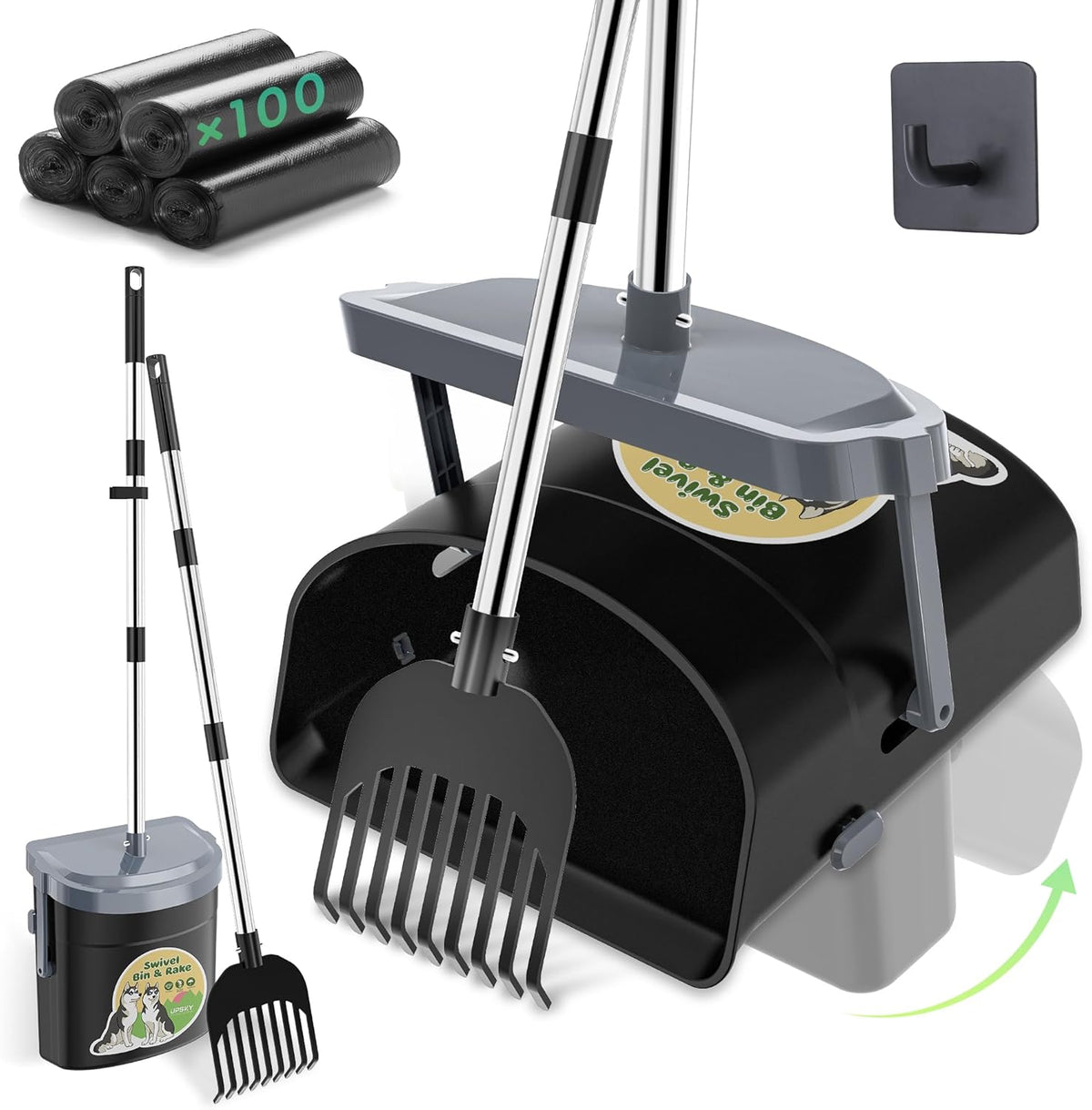 UPSKY Dog Pooper Scooper Swivel Bin & Rake Kit with 100 Waste Bags,33.4" Stainless Steel Long Handle Heavy Duty Pet Poop Shovel for Large Medium Small Dogs, Odor-Proof Lid for Yard/Lawn/Outdoor Use