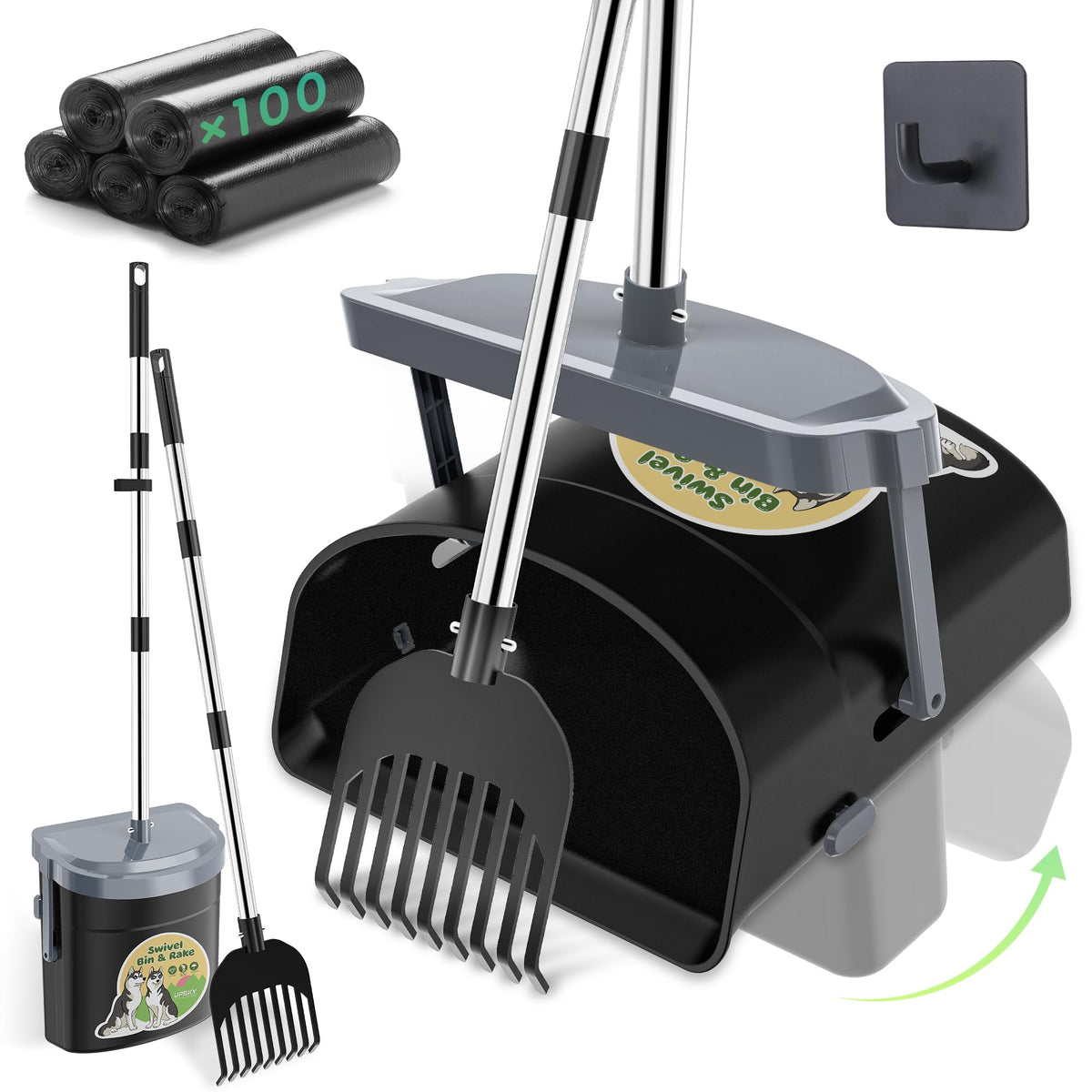 UPSKY Dog Pooper Scooper Swivel Bin & Rake Kit with 100 Waste Bags,33.4" Stainless Steel Long Handle Heavy Duty Pet Poop Shovel for Large Medium Small Dogs, Odor-Proof Lid for Yard/Lawn/Outdoor Use