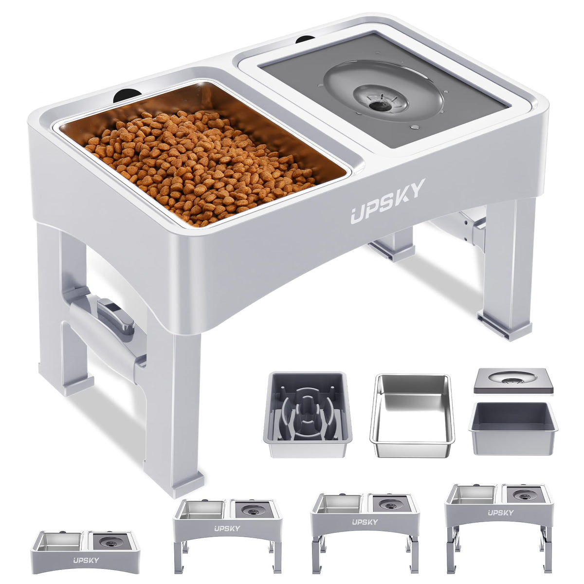 UPSKY 2-in-1 Elevated Dog Bowls Slow Feeder, 4 Height Adjustable Raised Bowl Stand, No Spill Dog Water Bowls, Anti-Slip Food and Water Bowls for Small Medium Dogs(Not Include Stainless Steel Bowl)