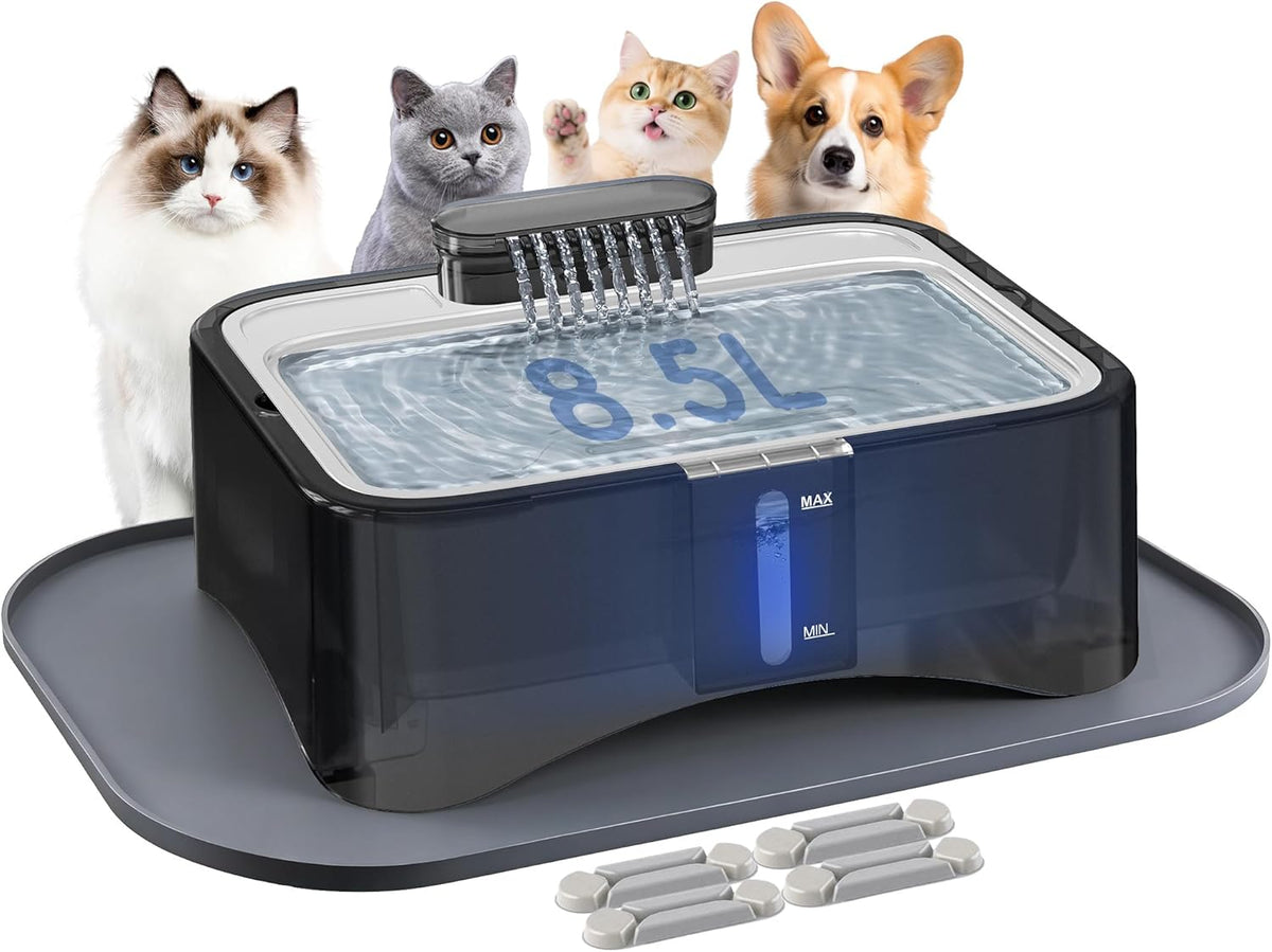 UPSKY Cat Water Fountain, 2.25Gal/8.5L Large Capacity Pet Water Dispenser, Ultra Quiet 304 Stainless Steel Drinking Tray for Large Cats, Dogs & Multi-Pet Indoor Use, Anti-Clog Pump with 4 Filters