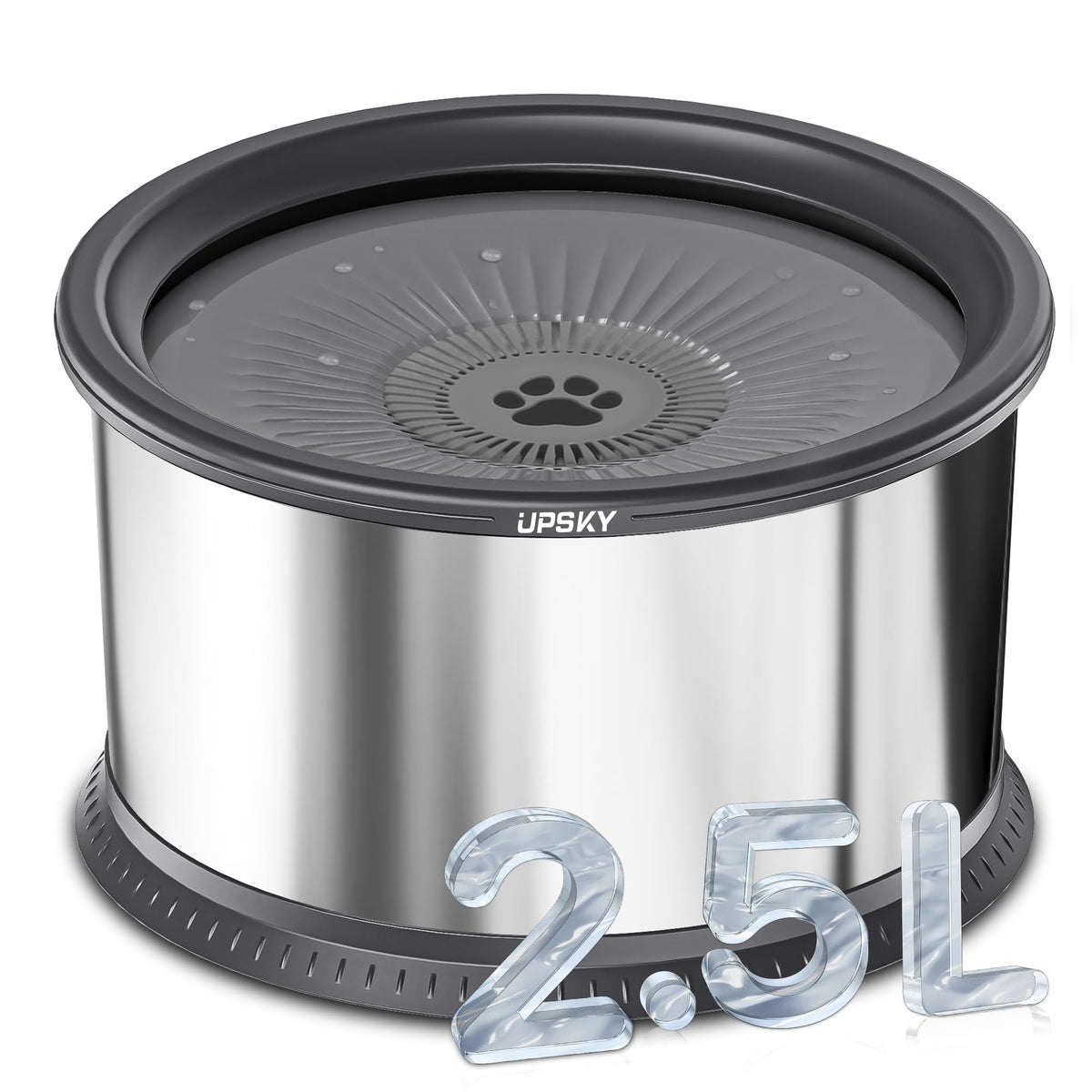 UPSKY 6.5L Dog Water Bowl,1.6 Gallon Super Large Capacity No Spill Dog Water Bowl,Stainless Steel Spill Proof Slow Water Feeder,No Splash Water Bowl with Anti-Slip Mat for Messy Drinkers Grey