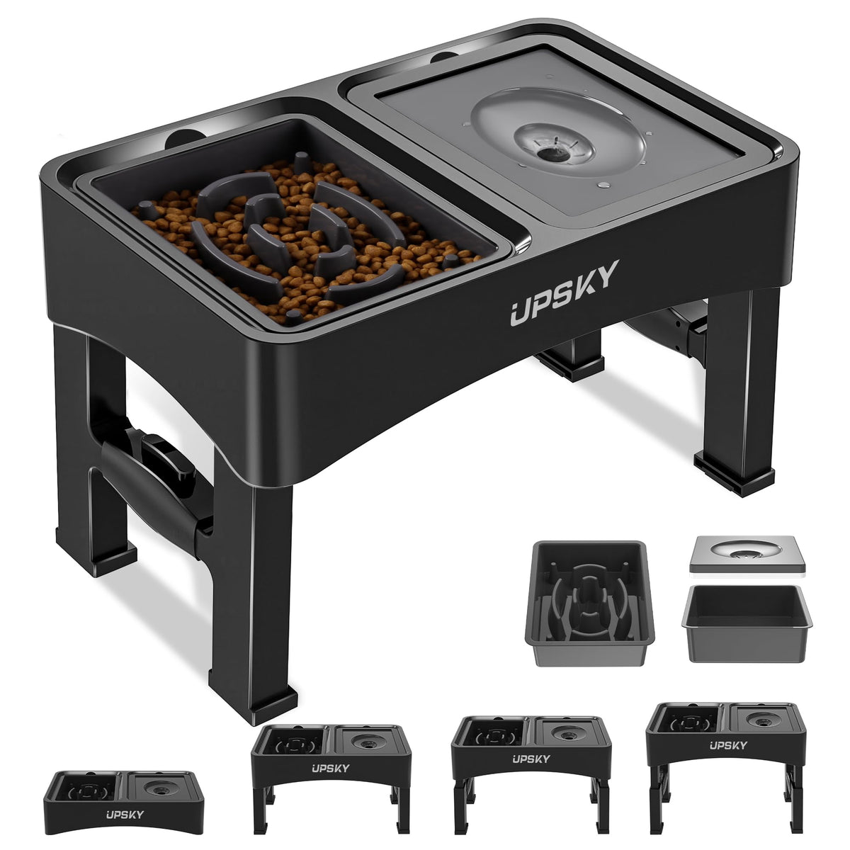 UPSKY 2-in-1 Elevated Dog Bowls Slow Feeder, 4 Height Adjustable Raised Bowl Stand, No Spill Dog Water Bowls, Anti-Slip Food and Water Bowls for Small Medium Dogs(Not Include Stainless Steel Bowl)