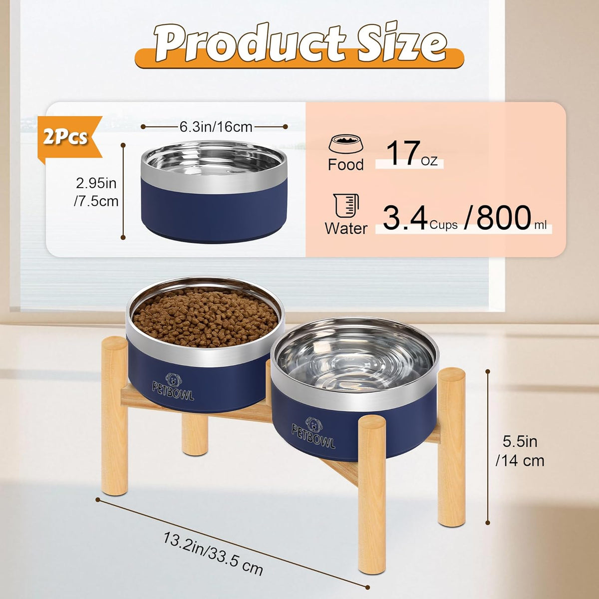 UPSKY Elevated Dog Bowls – 27oz Stainless Steel Anti-Spill Set with Wooden Stand, Double Raised Bowls for Small/Medium Dogs to Reduce Neck Strain & Improve Digestion