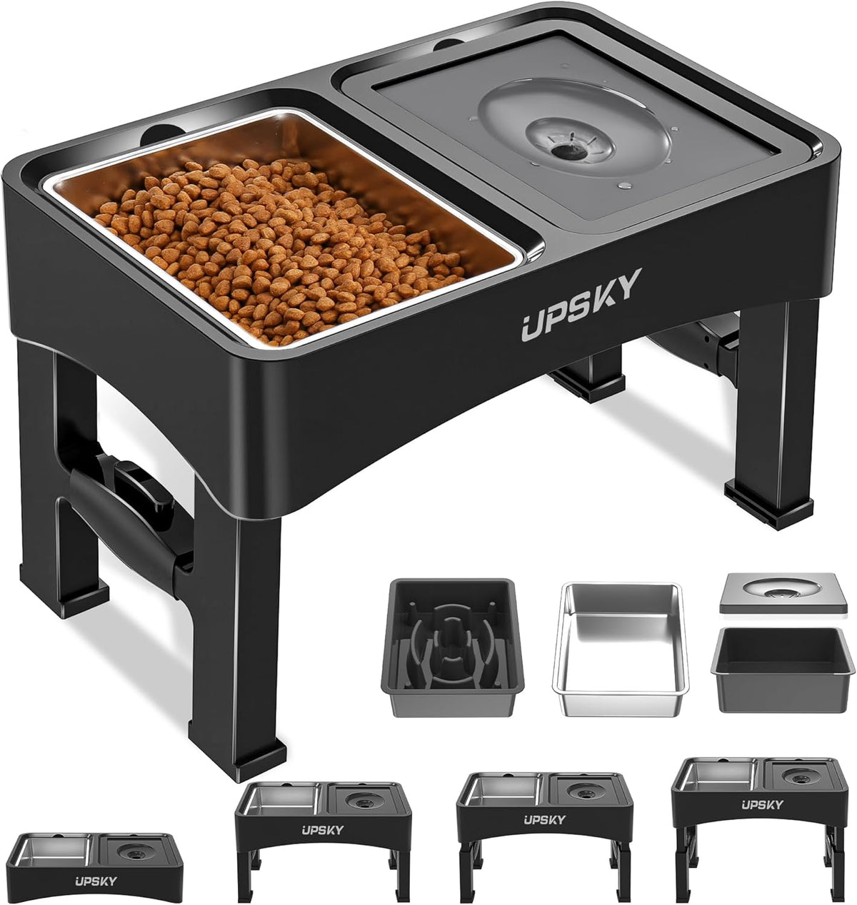 UPSKY 3-in-1 Elevated Dog Bowls Slow Feeder, Adjustable Stand, Stainless Steel Food & No Spill Pet Water Bowl for Small Medium Dogs