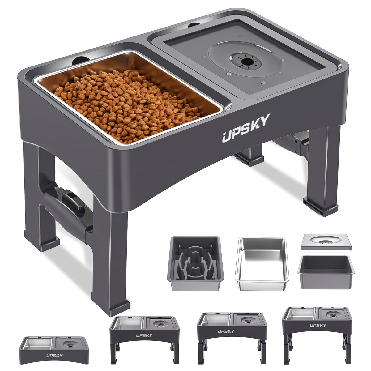 UPSKY 3-in-1 Elevated Dog Bowls Slow Feeder, Adjustable Stand, Stainless Steel Food & No Spill Pet Water Bowl for Small Medium Dogs