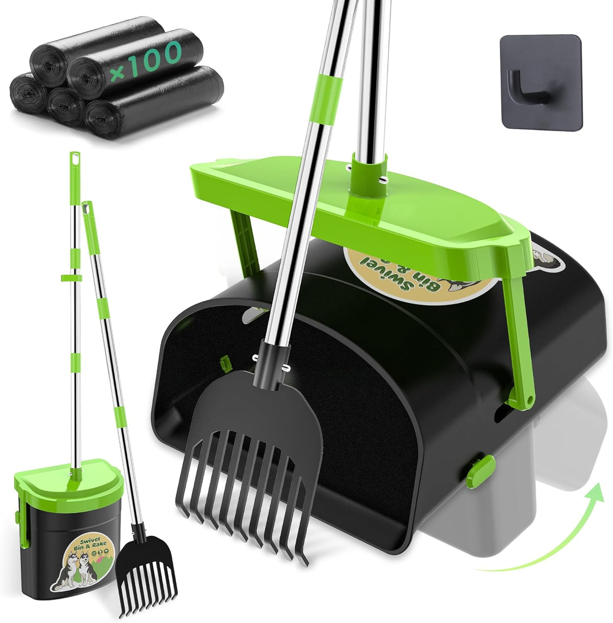 UPSKY Slow Feeder Dog Bowl, 2-in-1 Raised Dog Bowl with Anti-Choking Maze Puzzle, Dog Pooper Scooper Swivel Bin & Rake Kit with 100 Waste Bags