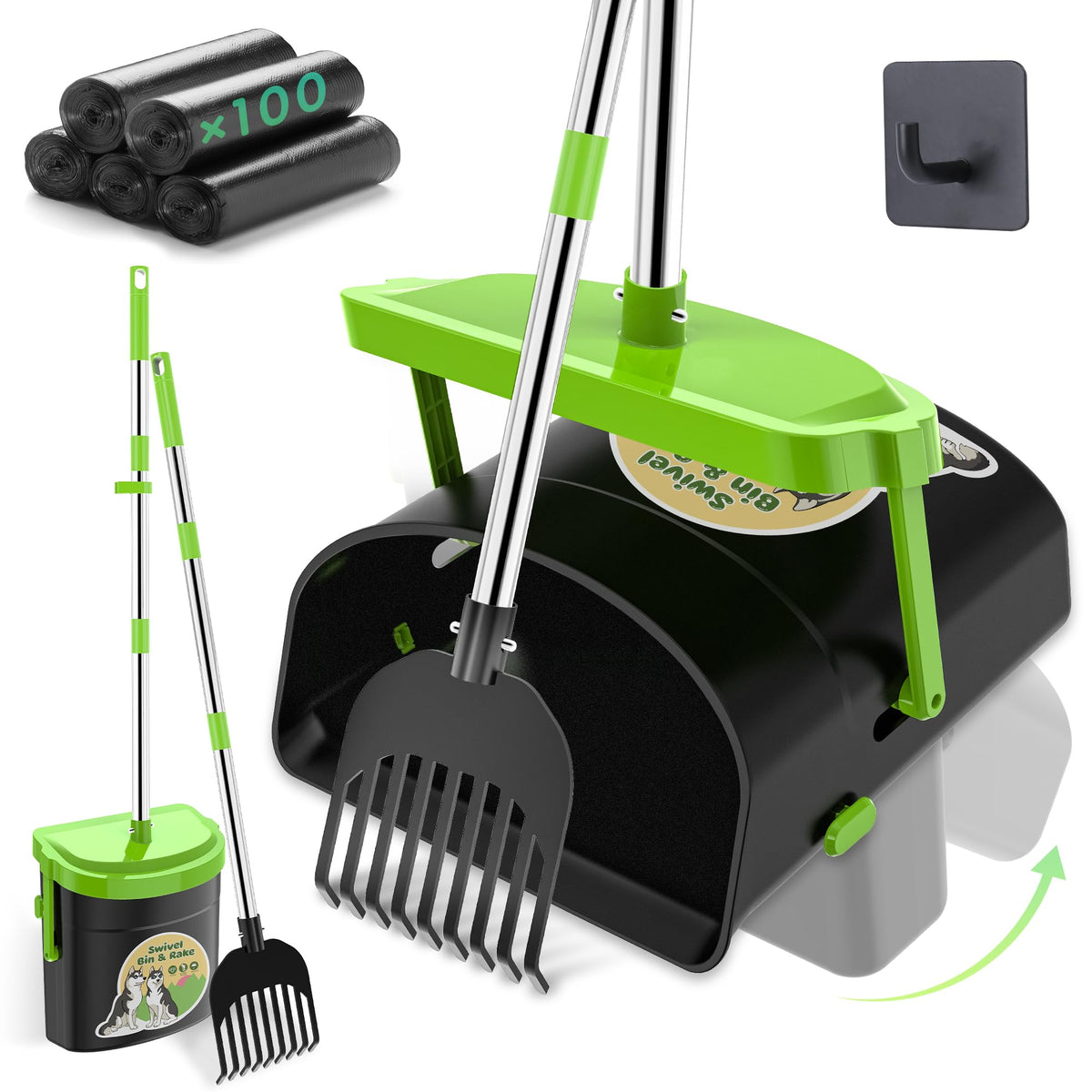 UPSKY Dog Pooper Scooper Swivel Bin & Rake Kit with 100 Waste Bags,33.4" Stainless Steel Long Handle Heavy Duty Pet Poop Shovel for Large Medium Small Dogs, Odor-Proof Lid for Yard/Lawn/Outdoor Use