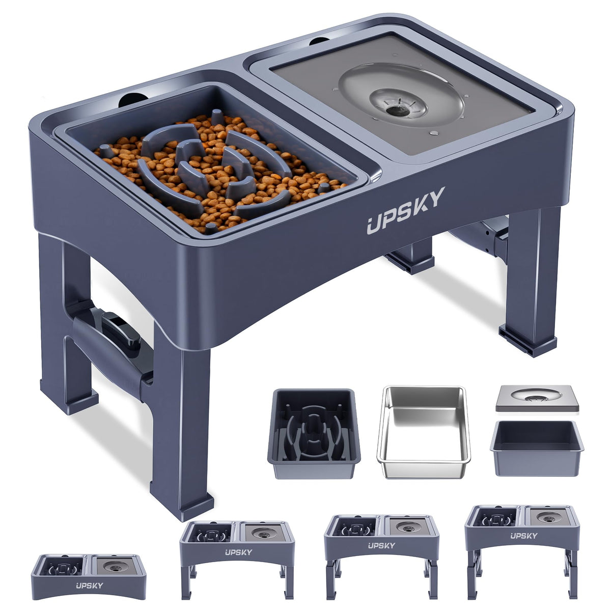 UPSKY 3-in-1 Elevated Dog Bowls Slow Feeder, Adjustable Stand, Stainless Steel Food & No Spill Pet Water Bowl for Small Medium Dogs