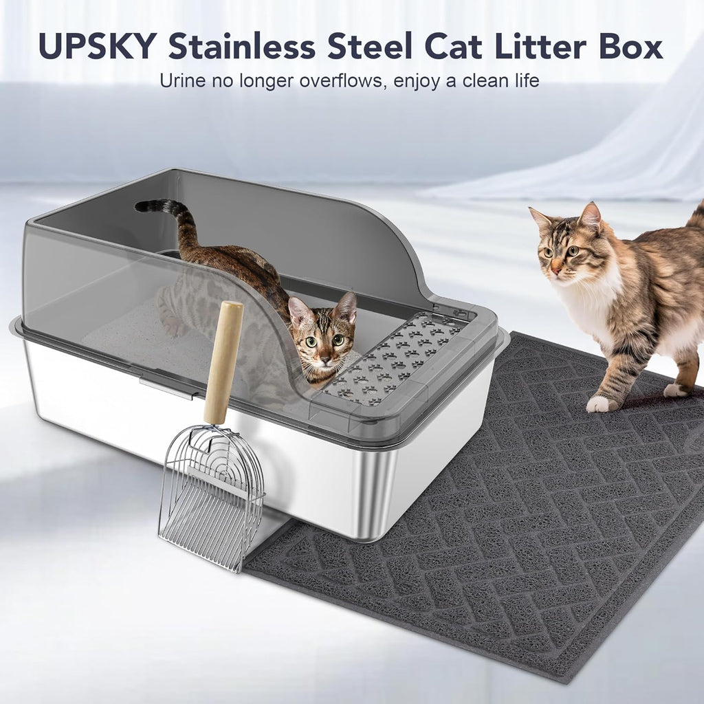 UPSKY Stainless Steel Cat Litter Box with Lid, XL Large Metal Litter Box for Large Breeds, Enclosed Kitty Litter Pan with High Sides, Leak-Proof & Non-Stick, Easy to Clean, Scoop and Mat Included
