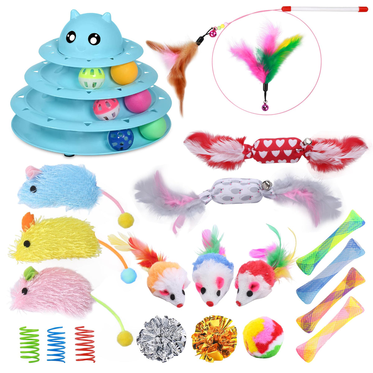 UPSKY 20 PCS Cat Roller Toy 3-Level Turntable for Indoor Cats - Kitten Set With Teaser, Mice, Spring, and Various Ball Toys