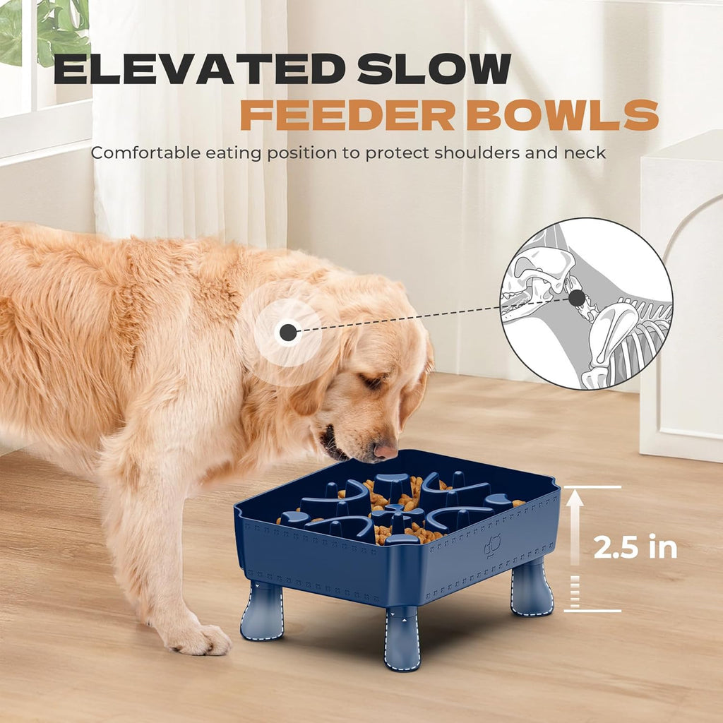 UPSKY Slow Feeder Dog Bowl, 2-in-1 Raised Dog Bowl with Anti-Choking Maze Puzzle, Dog Pooper Scooper Swivel Bin & Rake Kit with 100 Waste Bags