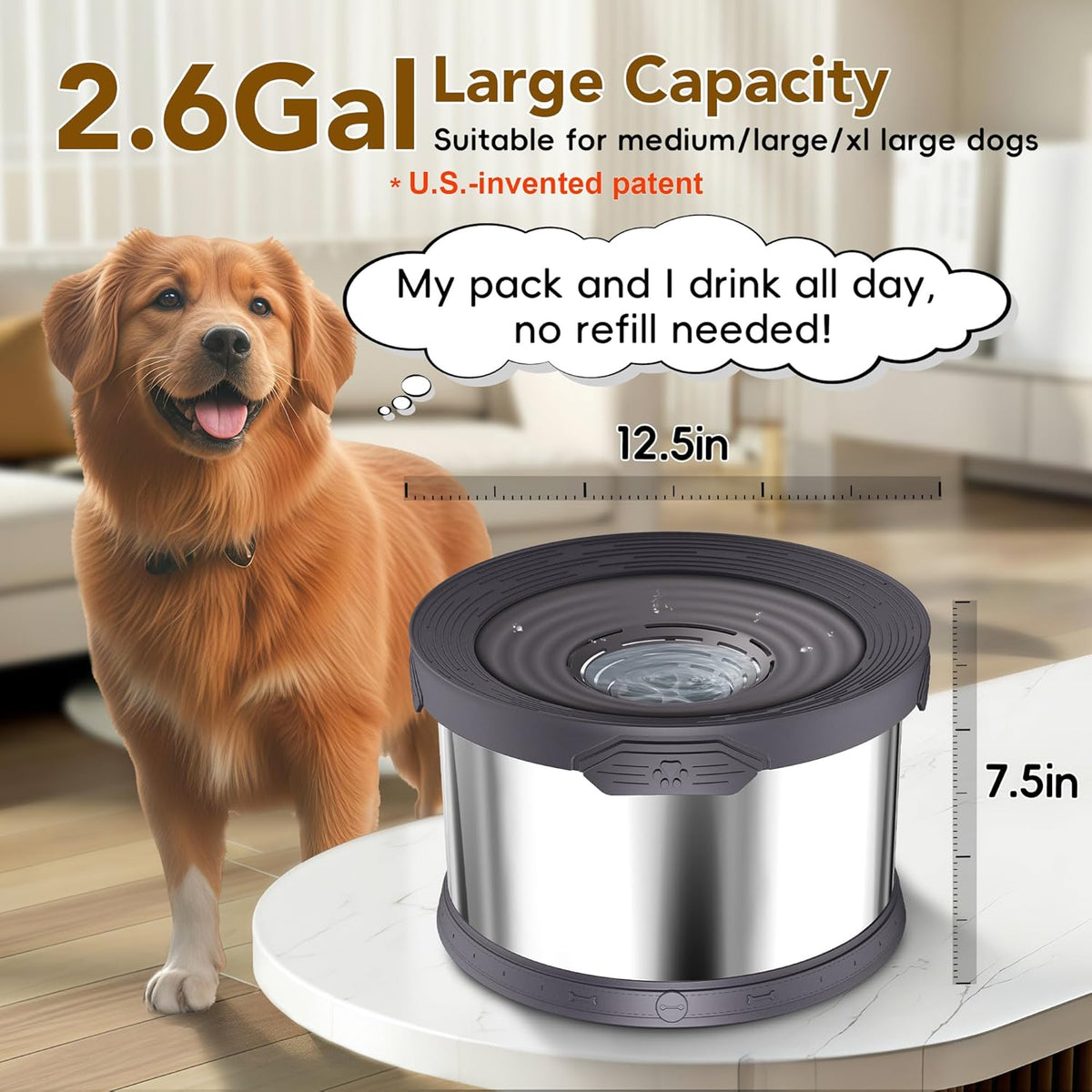 UPSKY Dog Water Bowl No Spill 10L Stainless Steel, 2.6 Gallon Large Capacity Spill-Proof Dog Bowls, Non-Slip Slow Drinking Anti-Splash Bowl for Large Messy Drinkers, No Mess Indoor/Outdoor Use, Gray