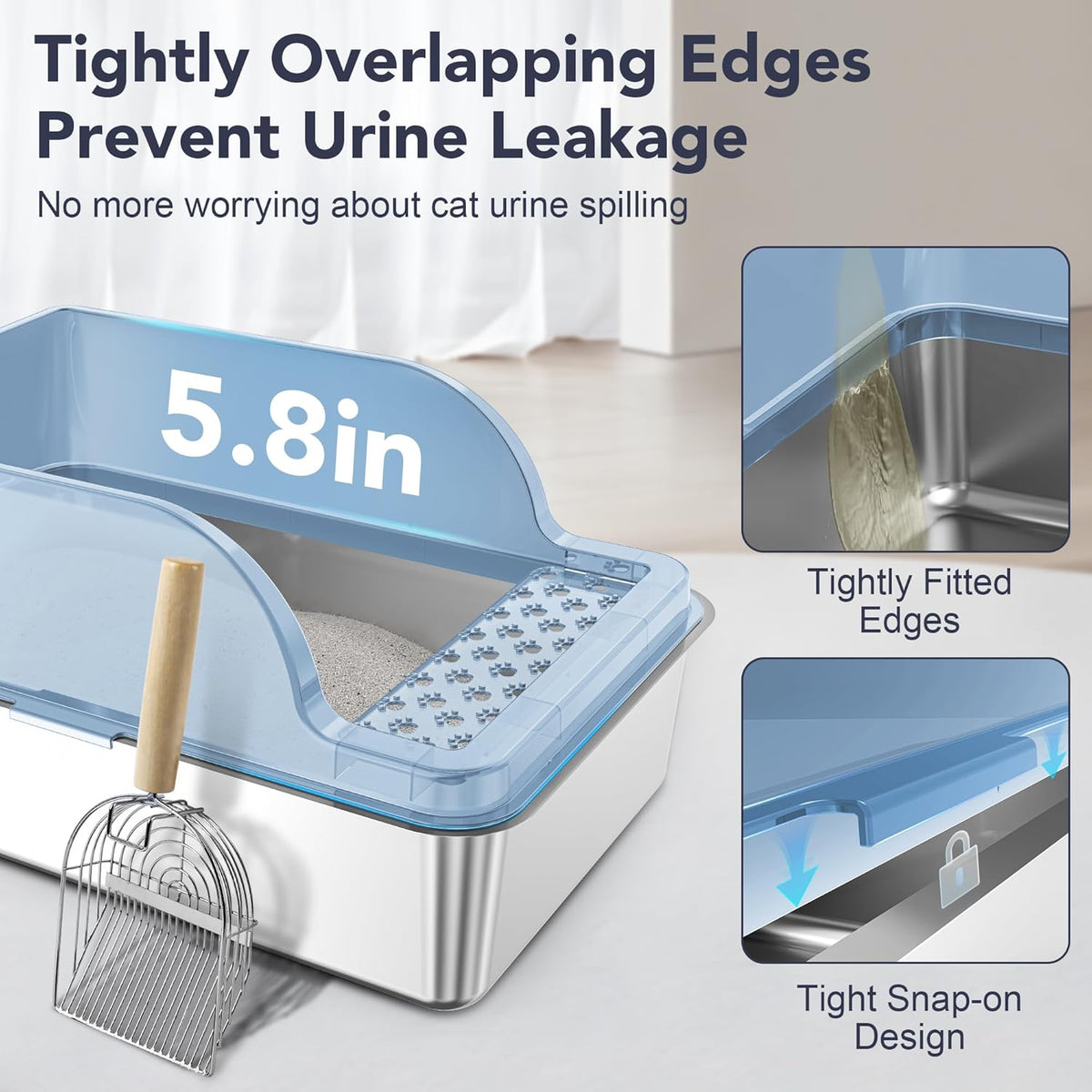 UPSKY Stainless Steel Cat Litter Box with Lid, XL Large Metal Litter Box for Large Breeds, Enclosed Kitty Litter Pan with High Sides, Leak-Proof & Non-Stick, Easy to Clean, Scoop and Mat Included