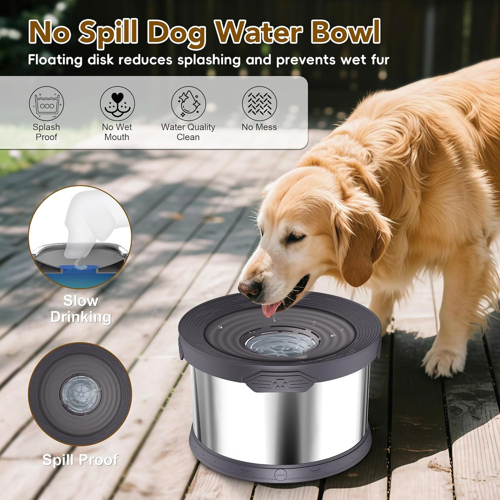 UPSKY Dog Water Bowl No Spill 8L Stainless Steel, 2.1 Gallon Large Capacity Spill-Proof Dog Bowls, Non-Slip Slow Drinking Anti-Splash Bowl for Large Messy Drinkers, No Mess Indoor/Outdoor Use, Gray