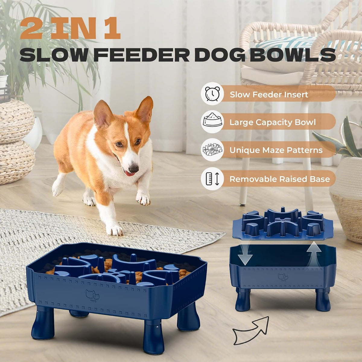 UPSKY Slow Feeder Dog Bowl, 2-in-1 Raised Dog Bowl with Anti-Choking Maze Puzzle, Dog Pooper Scooper Swivel Bin & Rake Kit with 100 Waste Bags