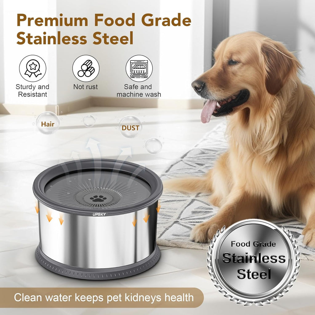 UPSKY 6.5L Dog Water Bowl,1.6 Gallon Super Large Capacity No Spill Dog Water Bowl,Stainless Steel Spill Proof Slow Water Feeder,No Splash Water Bowl with Anti-Slip Mat for Messy Drinkers Grey