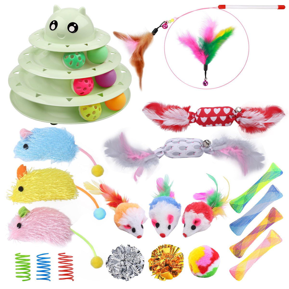 UPSKY 24 PCS Cat Toys, 3-Level Turntable Kitten Toys Set, Interactive Cat Roller Toys for Indoor Cats, Catnip Toys, Cat Teaser Toys, Mice Toys, Spring Toys, Various Ball Toys for Kitty