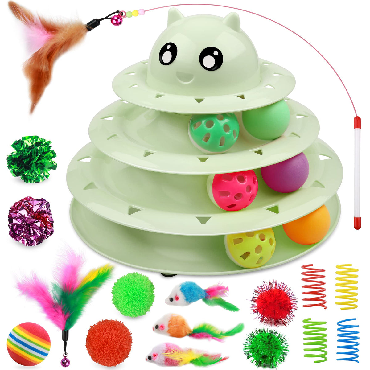 UPSKY 20 PCS Cat Roller Toy 3-Level Turntable for Indoor Cats - Kitten Set With Teaser, Mice, Spring, and Various Ball Toys