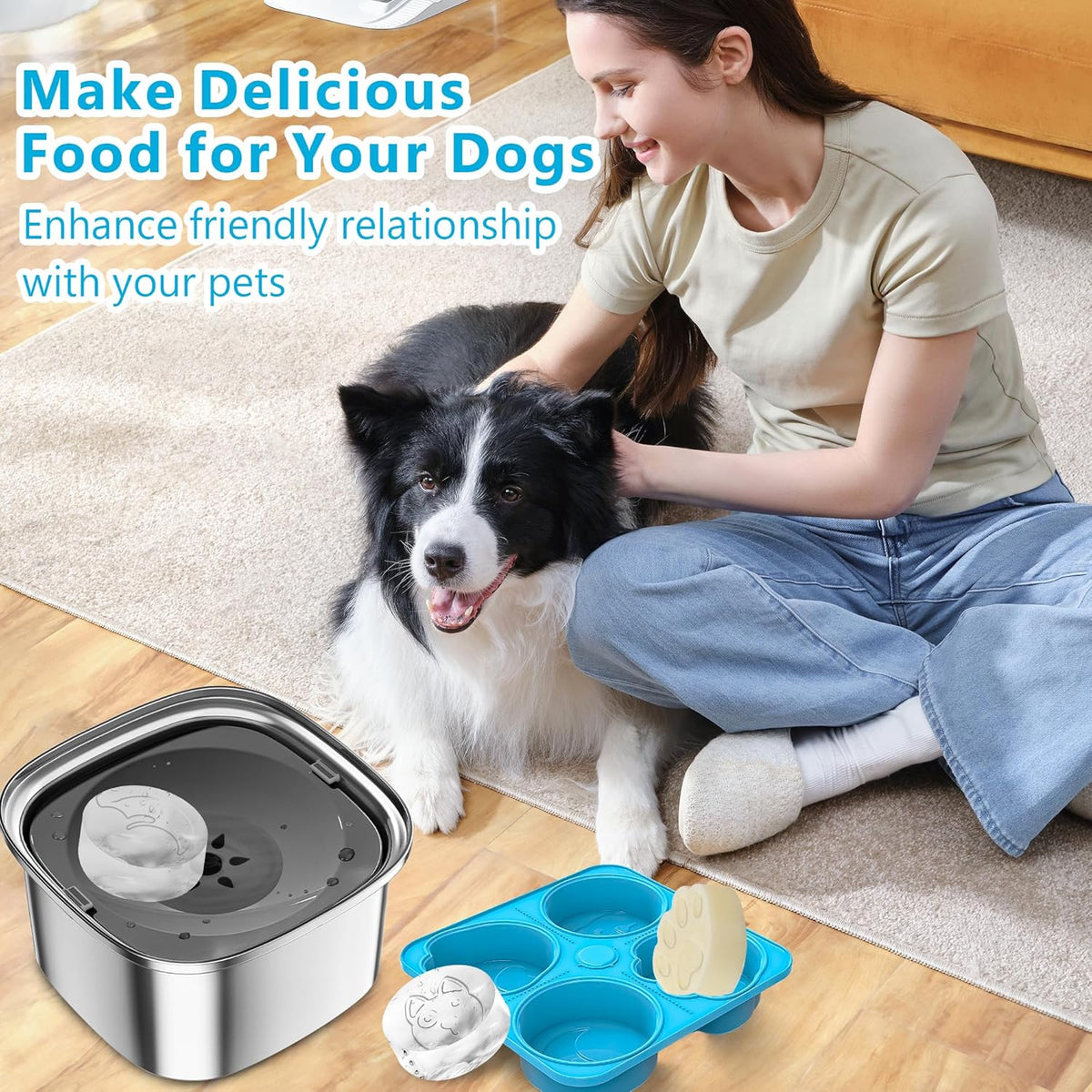 UPSKY Dog Treat Ice Molds & 3L No Spill Water Bowl, Reusable Frozen Treat Tray with Large Feeder