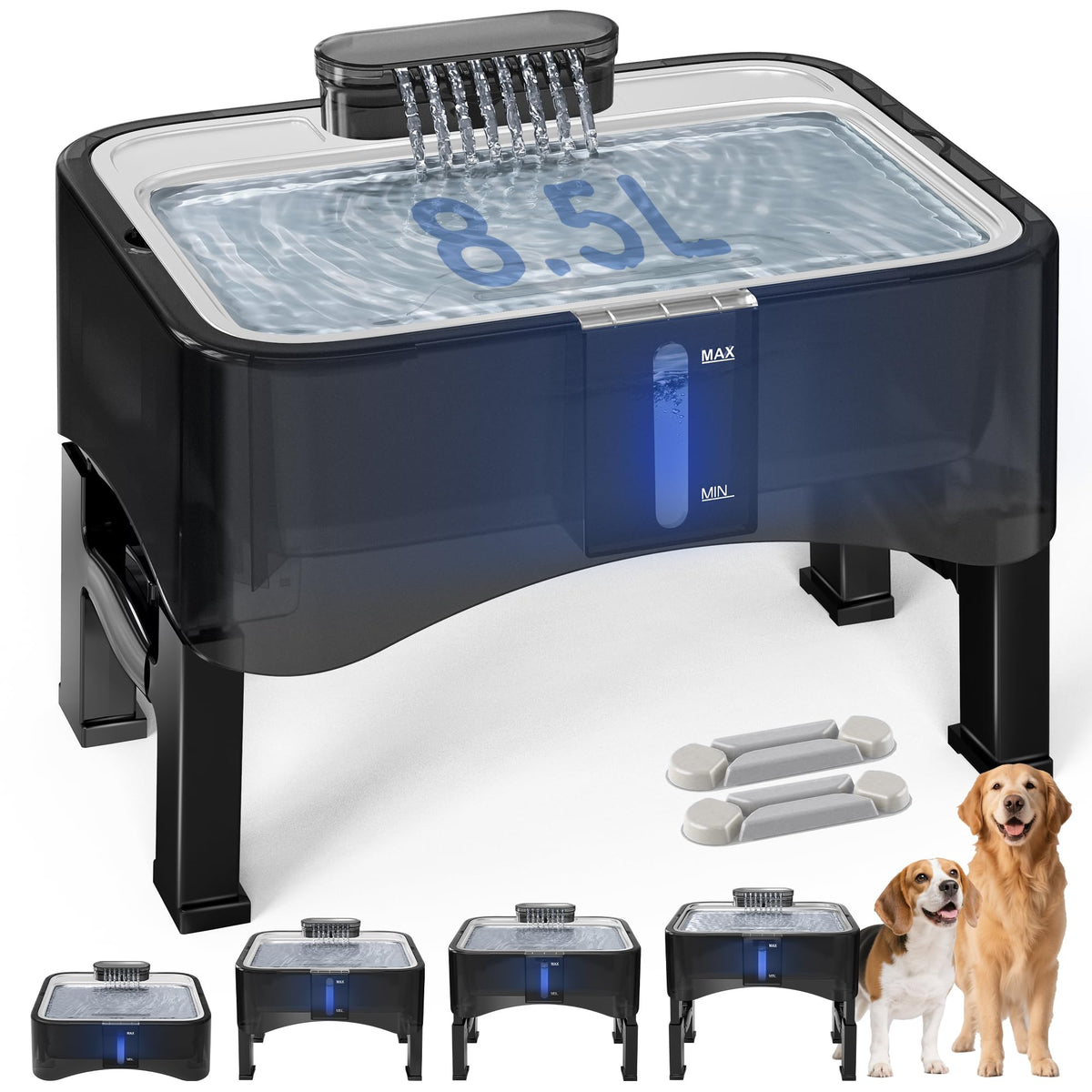 UPSKY 2.25Gal Elevated Dog Water Fountain, 4 Heights Adjustable Pet Fountain for All Dog Sizes, 304 Stainless Steel Tray Indoor Cat Drinking Dispenser with Ultra-Quiet Pump & 2 Replacement Filters